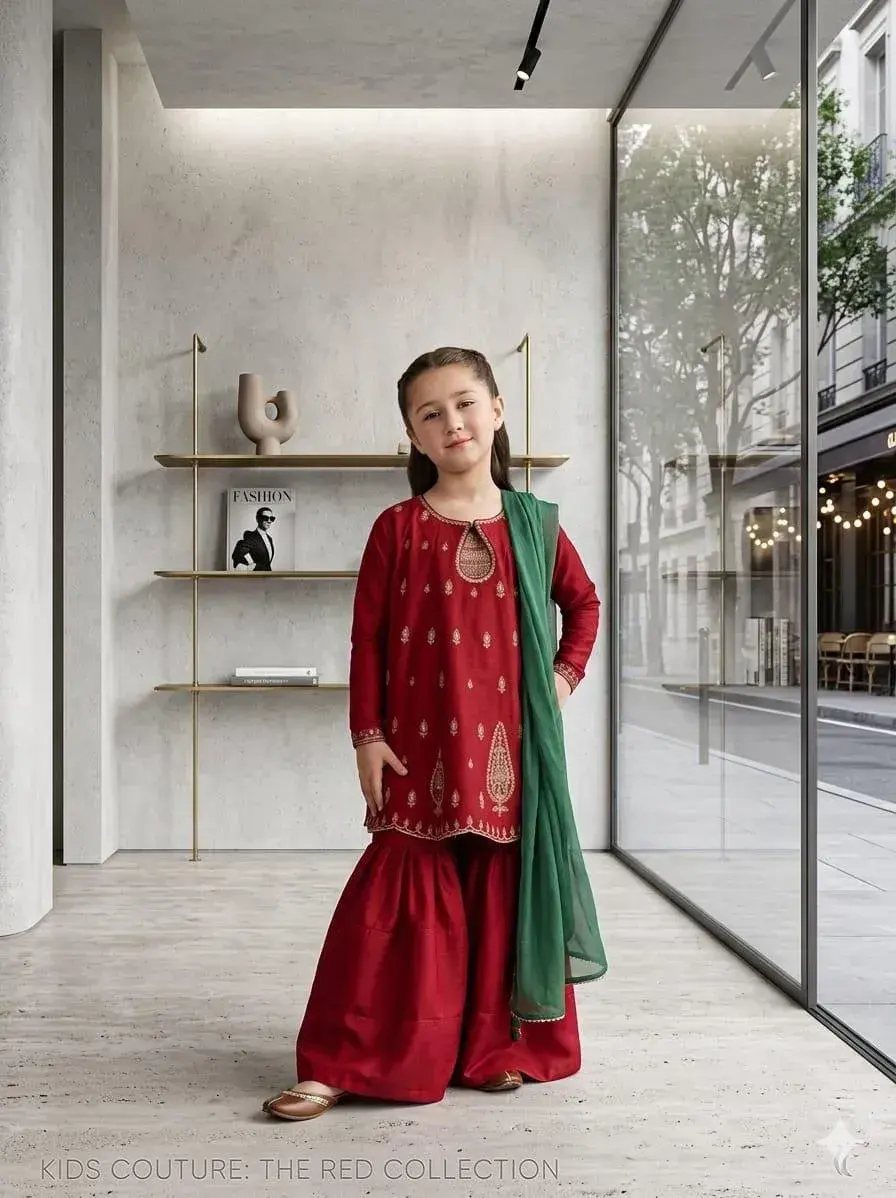 Red Embroidered Girl's 3-Piece Lawn Suit Set